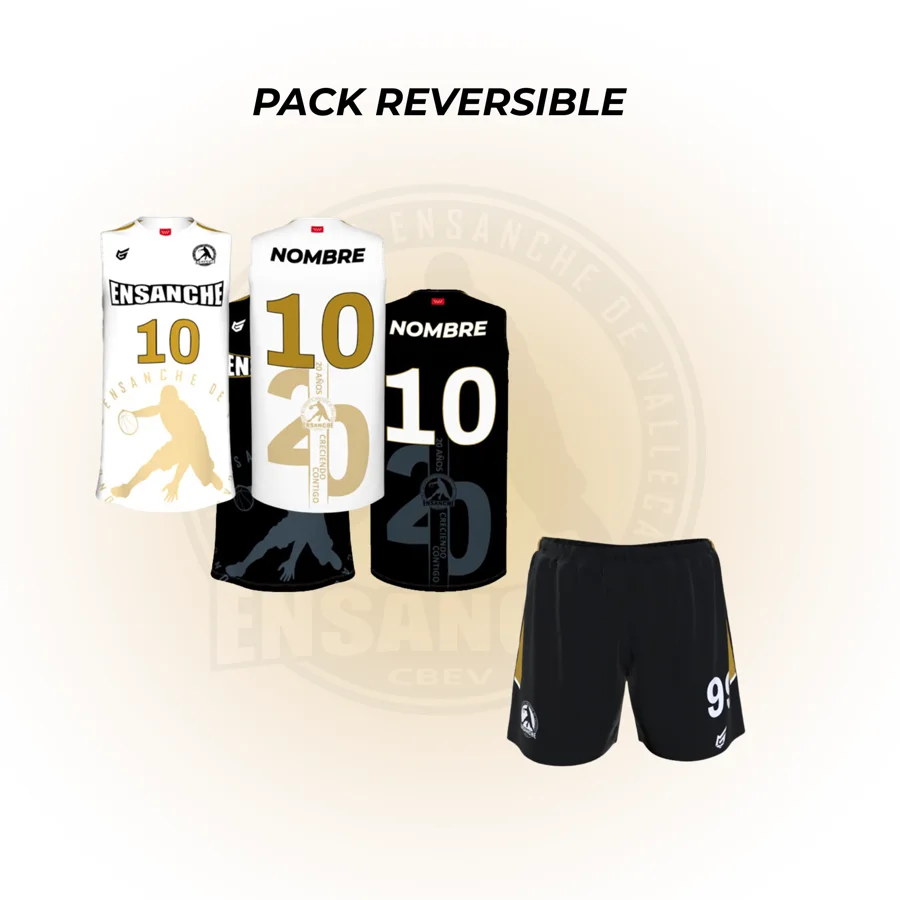 Pack reversible: camiseta reversible blanca y negra con nombre y dorsal, y short negro